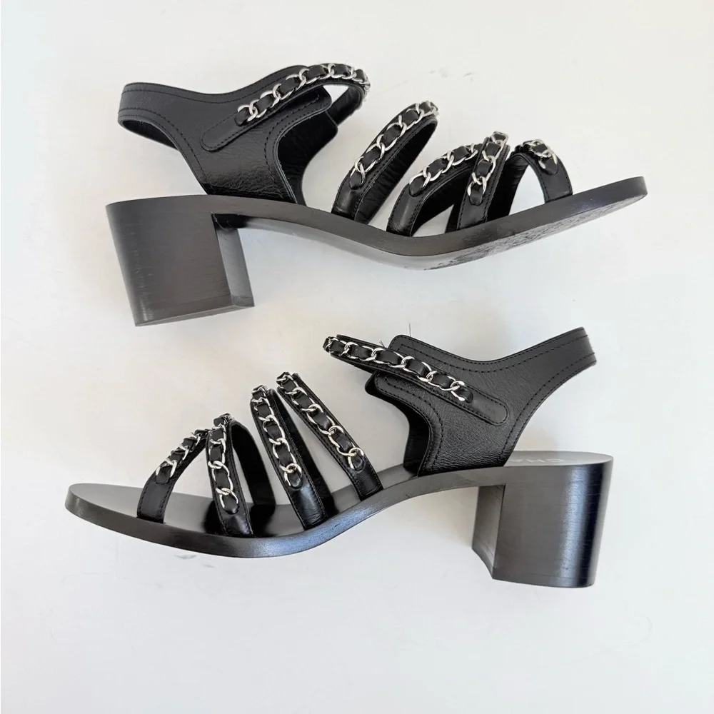 Chanel 20C Chain Strap Sandals Black Calfskin Silver Chain Heel Sandals EU 39.5